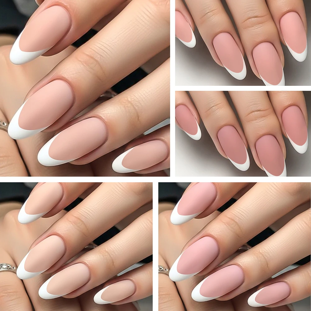 360 قطعة/صندوق الأبيض الفرنسية تلميح اضغط على الأظافر عارية الوردي المتوسطة اللوز الأظافر كاذبة غطاء كامل لامعة لينة هلام الفرنسية وهمية مسمار نصائح