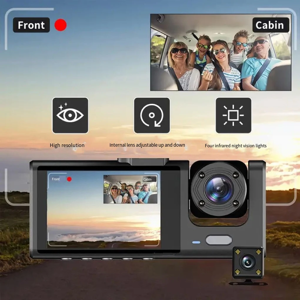 2/3 Channel DashCam 1080P FHD Car Camera Front Rear Inside Car DVR Recorder Equipped IPS Screen Vehicle Camera
