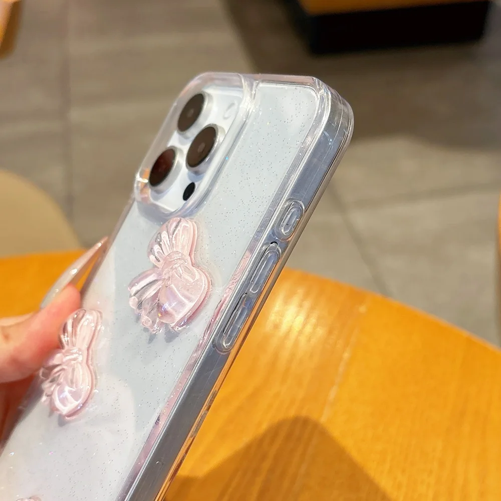 لطيف ثلاثية الأبعاد الوردي Bowknot بلينغ بريق قضية الهاتف آيفون 17 16 15 14 13 12 11 برو ماكس زائد الفاخرة واضح للصدمات غطاء الوفير #5