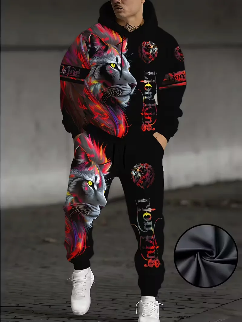 Flame Lion Pullover Hoodies Sets 3d Printing Men Women Fashion Hoodie+Pant 2 Piece Sets Cosplay Tracksuit Suit Mens 2Pcs Sets