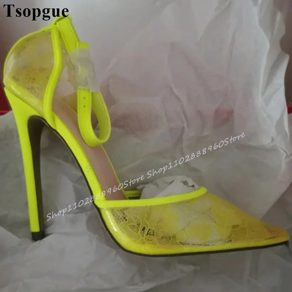 

Stylish Yellow Lace Shallow Pointy Sandals Stilettos High Heel Women Shoes Ankle Buckle Strap Pointed Toe Fashion Casual Shoes