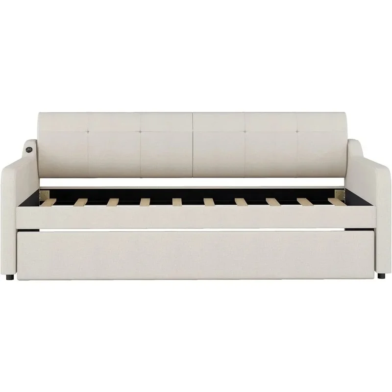 سرير نهاري مزدوج الحجم مع دولاب منبثق، وإطار سرير خشبي منجد مع شحن USB للأطفال