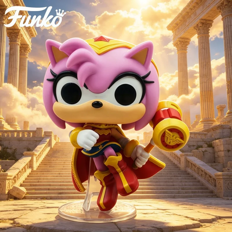Official Funko Pop DC X Sonic The Hedgehog Crossover Amy As Wonder Woman Vinyl Figure Collectible Desktop Decor Gift for Fans