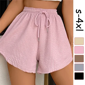 Women Shorts Summer High Elastic Lace Up Drawstring Wide Leg Sweat Fitness Running Shorts Loose Casual Large Sports Pants