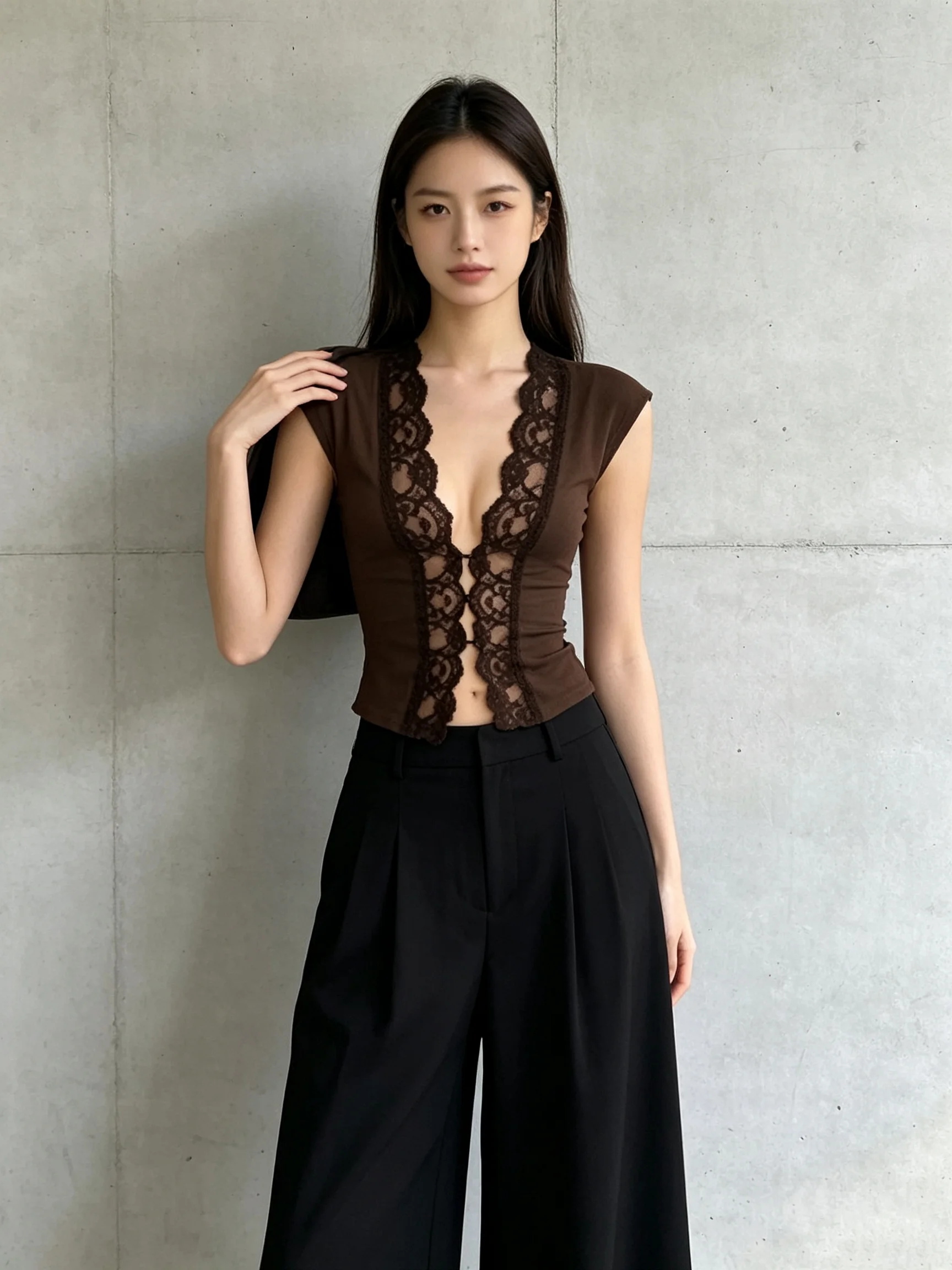 American retro spicy girl lace patchwork hidden button solid color V-neck sleeveless sexy vest top