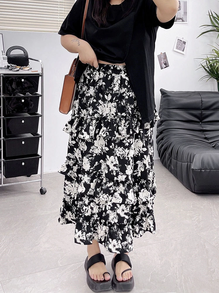 Summer Girlish Chiffon Medium Length Skirts Design Sense Layered Ruffle Edge Korean Style Vintage Printed Temperament Vestidos