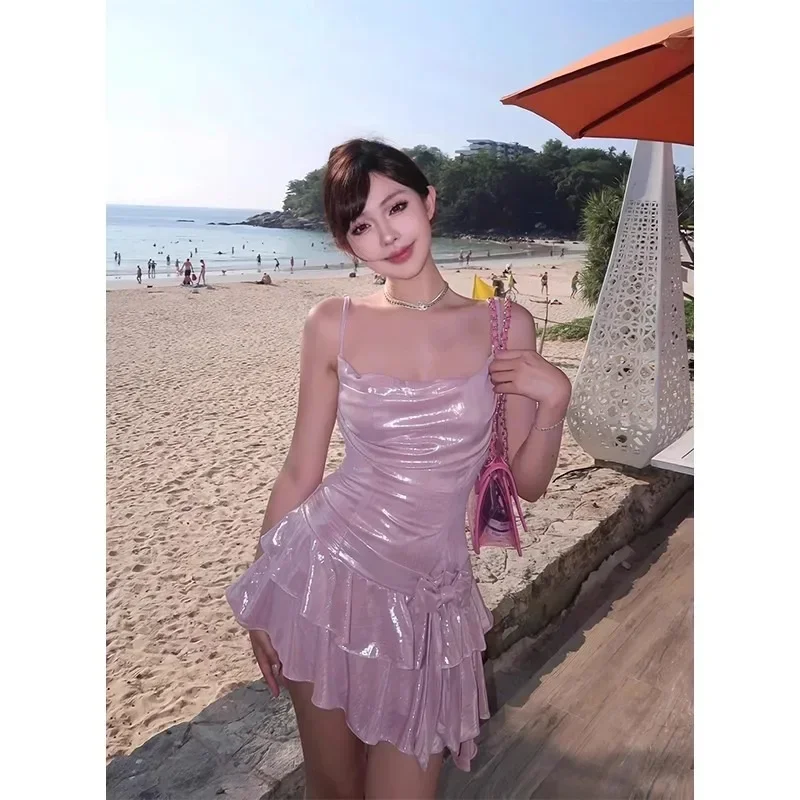 American Y2K Pink Dress Dopamine Sweet Spicy Girl Sexy Swing Collar Glossy Slim Straps Dress for Women Summer Party Dresses