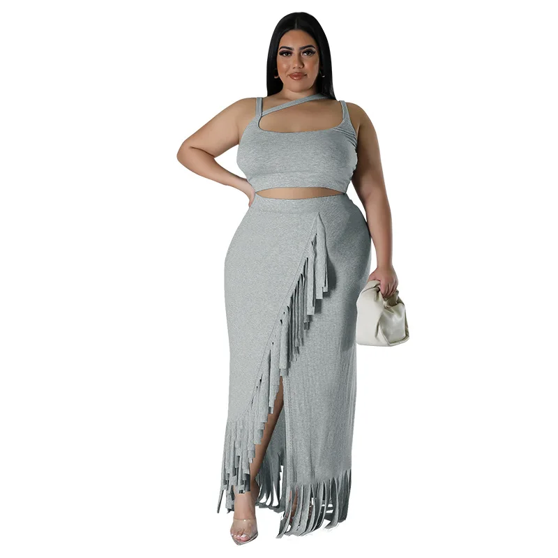 Plus size Women Tassel Irregular Sleeveless Top Skirt Suit Sexy Lady Split High Waist Skirt Club Casual Two Piece Set