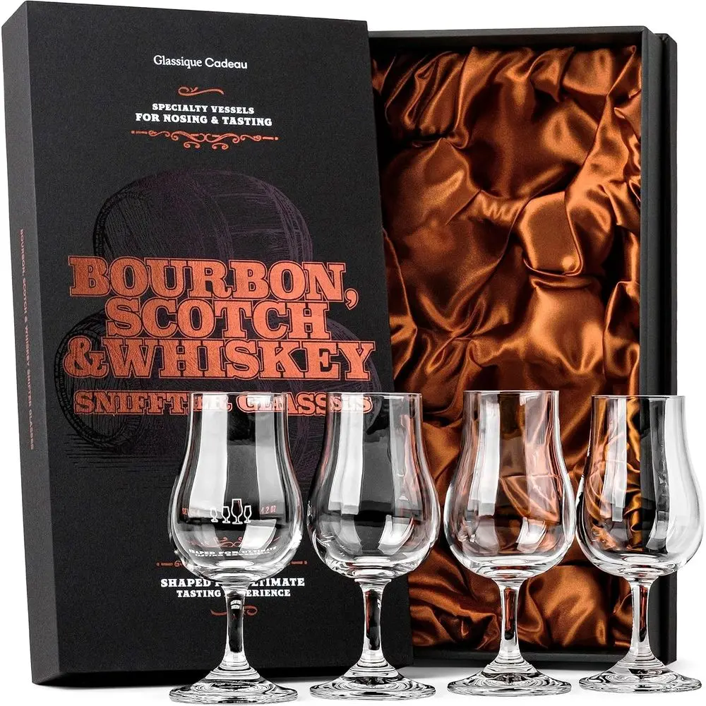 

Set of 4 Crystal Tulip Nosing Glasses for Whiskey, Scotch, and Bourbon Tasting | 4 oz Small Stemmed Snifters for Neat Liquor Sip
