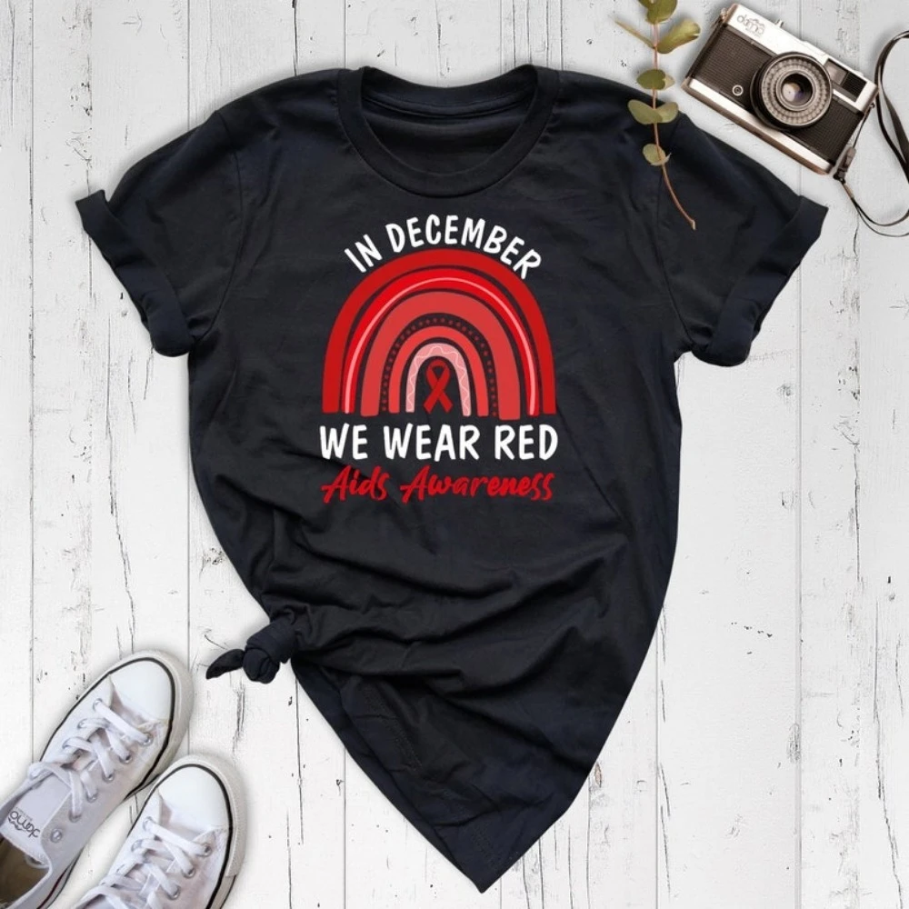 AIDS Awareness Shirt Red Ribbon Graphic T Shirts in December We Wear Red AIDS Awareness Tee Motivational Inspirational Tops