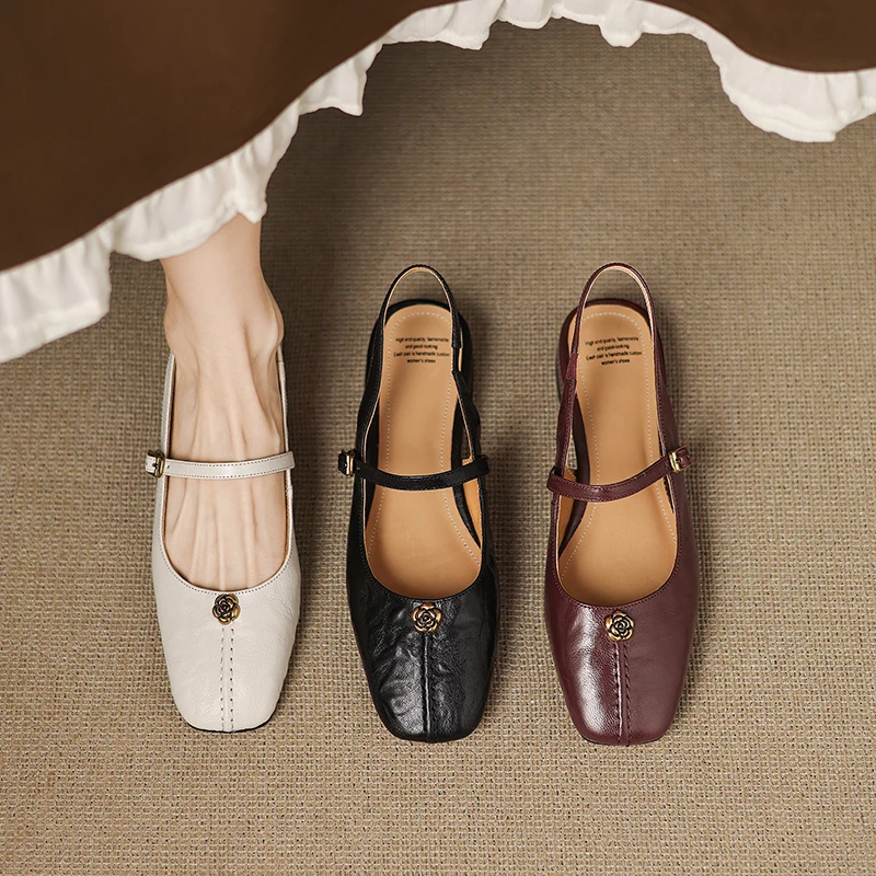 2026 new Spring summer women sandals natural leather plus size 22-25cm pigskin+sheepskin square toe ankle buckle women shoes