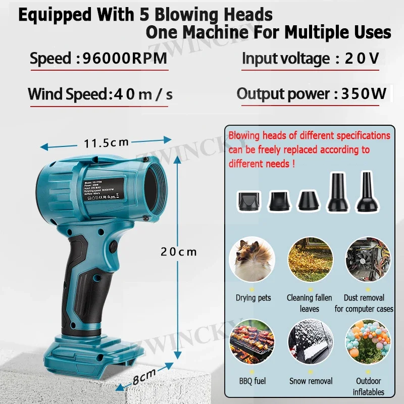 For Makita Brushless Cordless Air Blower Turbo Jet Fan Dust Blowing for Dewalt/Milwaukee/Bosch/Ryobi 18V Battery (No Battery)