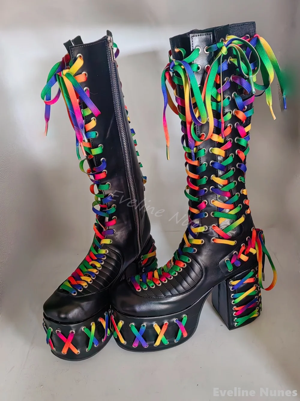 Colorful cross straps knee high boots women/men round toe leather platform chunky heels Rock boots 2024 Stylish cool girls boots