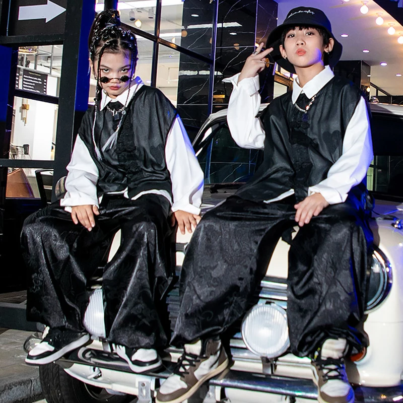 

Новинка, одежда для девочек и мальчиков в стиле хип-хоп, детские костюмы для джазовых танцев, черный жилет, брюки, модель SL7462