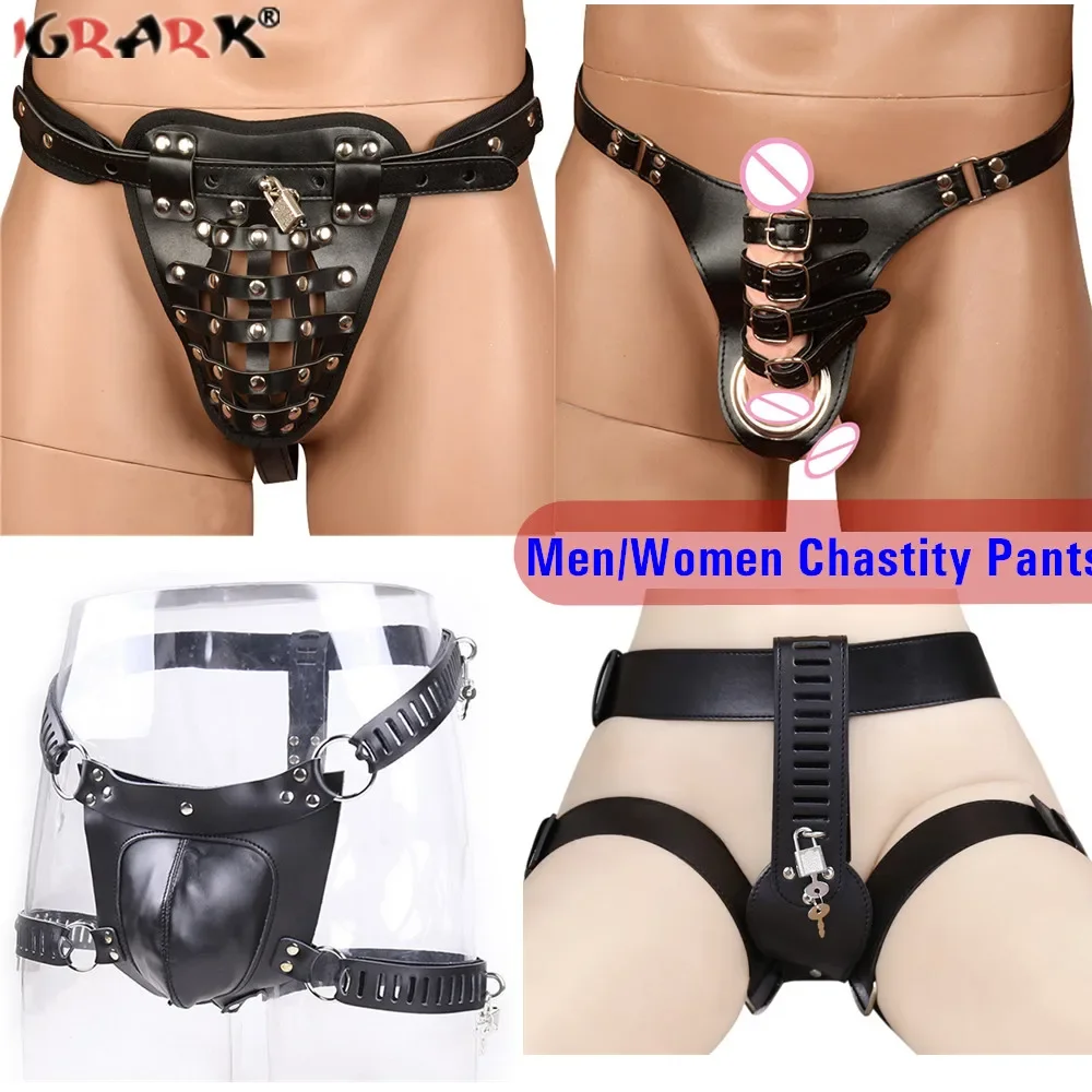 Male Chastity Pants Sexy Lingerie Panties Harness Leather Thong Underwear Bdsm Bondage Restraint Erotic Sex Toys for Women Men