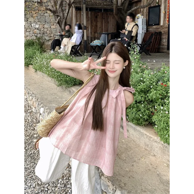 Bow Tie Pink Halterneck Sleeveless Shirt for Women Summer Gentle Style French Style Beautiful Off-shoulder Baby Doll Top Clothes
