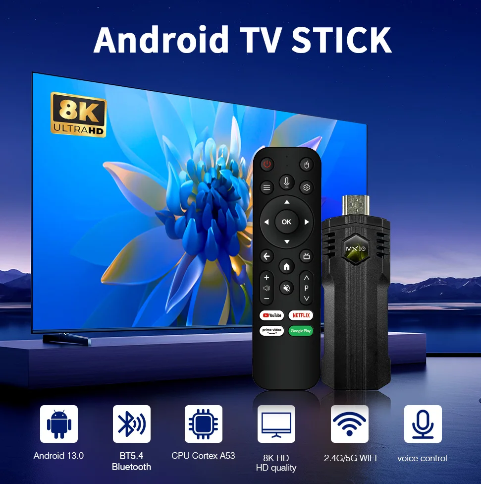 MX10 X1 Smart TV Stick Android 14 ARM Mali‑400 MP2 2GB RAM 16GB ROM 2.4G WiFi BT4.0 Media Player Support 24 Languages