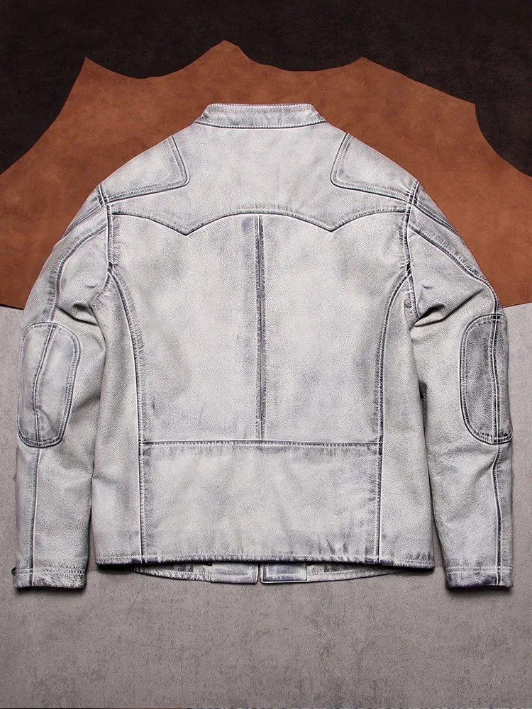 High Quality Male Classic Designer Cowhide Jacket American Style Stand Collar Genuine Leather Jackets Casual Zipper Slim Coat