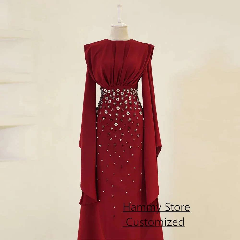 فستان سهرة مخصص للحفلات العربية متواضع برقبة دائرية وأكمام طويلة مطرز بالأحجار فساتين رسمية للحفلات الراقصة للمرأة