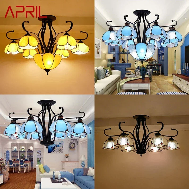 APRIL Tiffany European Living Room Pendant Lamp Mediterranean Sea Creative Color Glass restaurant Bedroom Hotel Chandelier