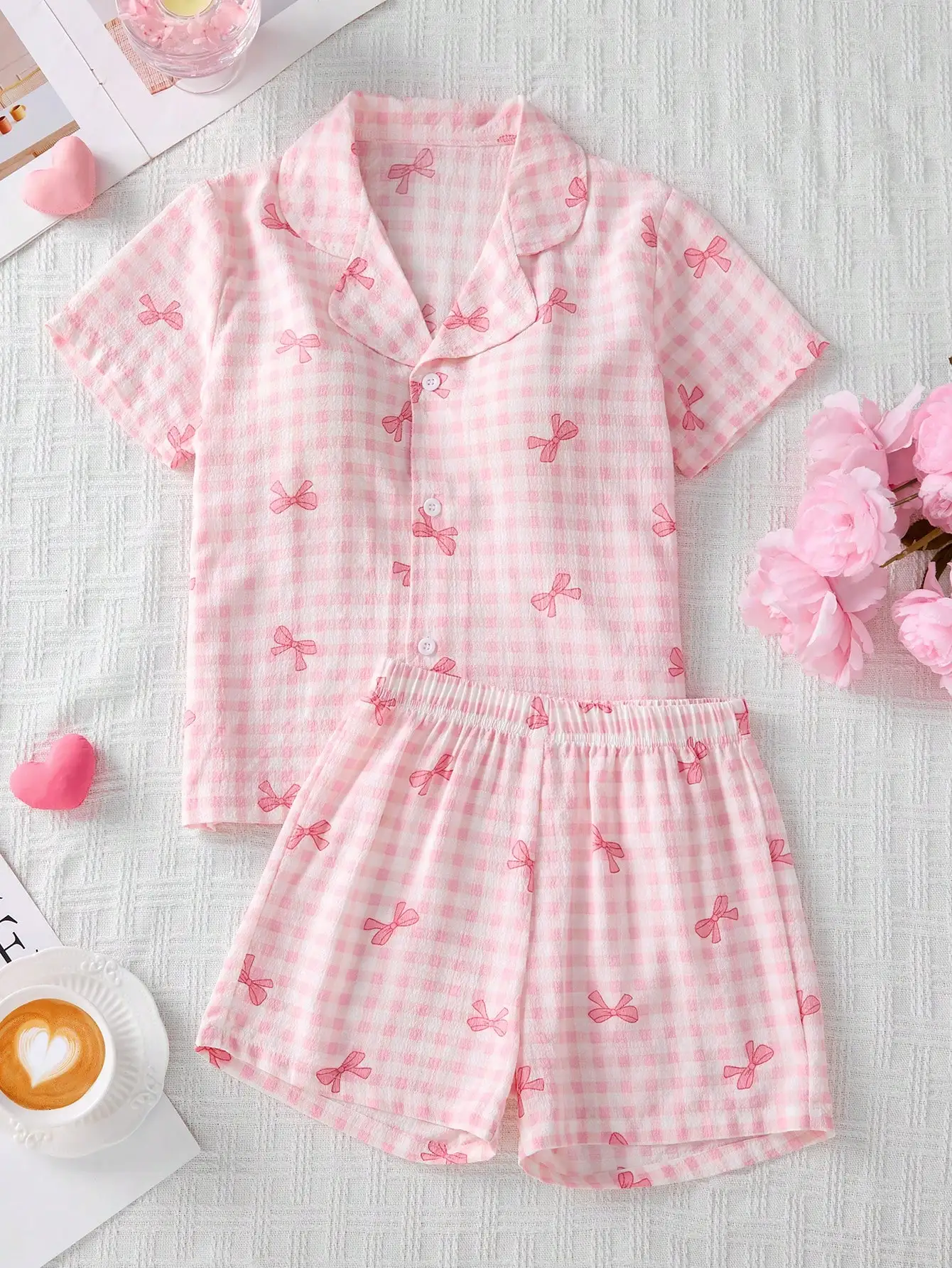 Girls' home suit summer style, girls' outdoor casual bow pink checkered top short sleeved shorts