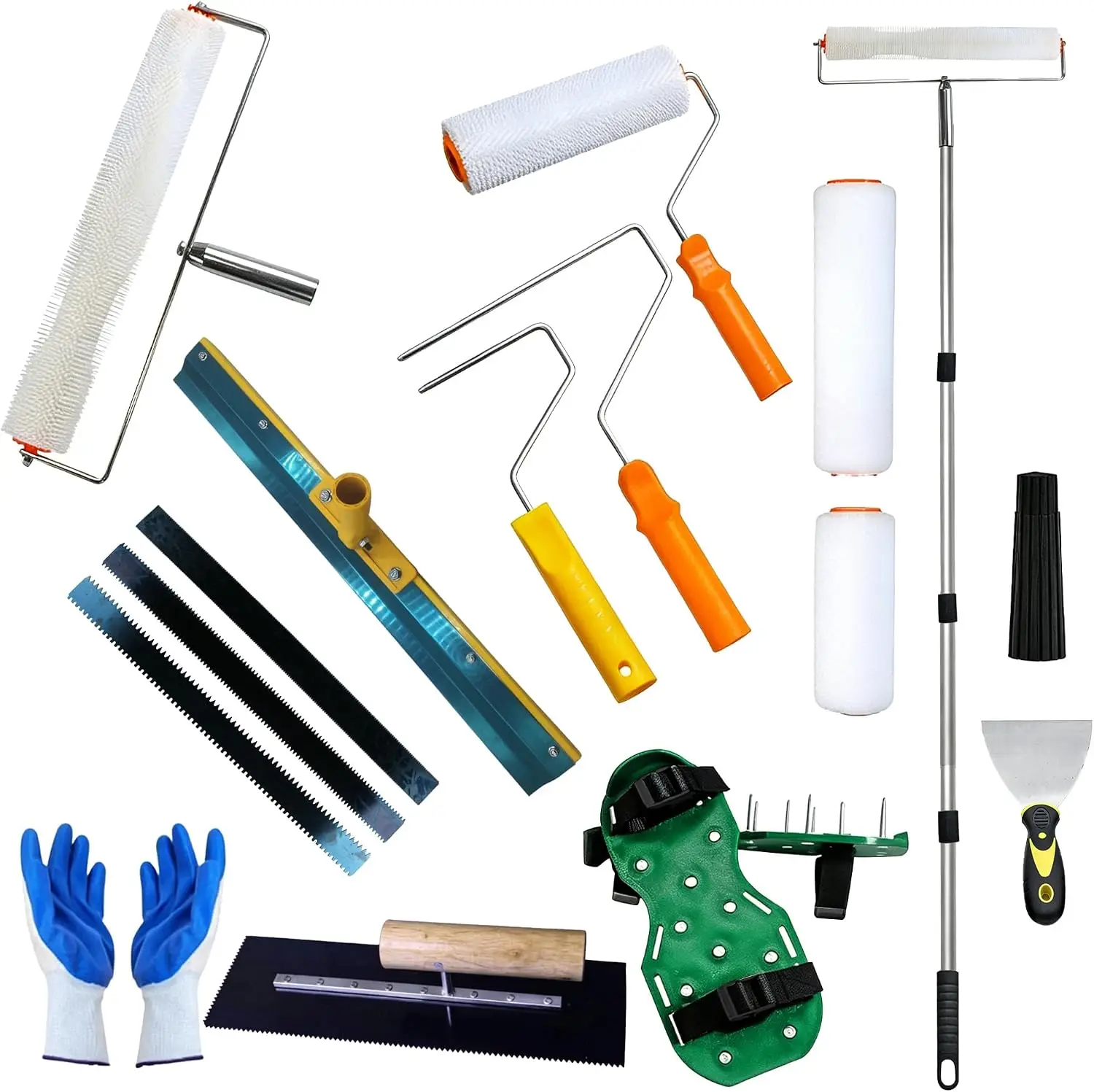 Self-Leveling Cement Tool Kit, Professional Epoxy Flooring Leveling Set with Spiked Roller, Spike Shoes, Leveling Rake, Trowel, Scraper and Telescopic Extension Pole for Floor Repair