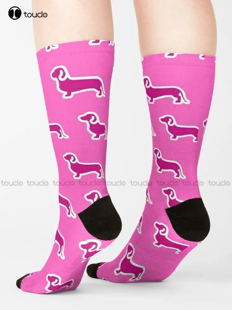 Dachshund Pattern In Pink Socks Cute Socks Personalized Custom Unisex Adult Teen Youth Socks Street Skateboard Socks Custom Gift