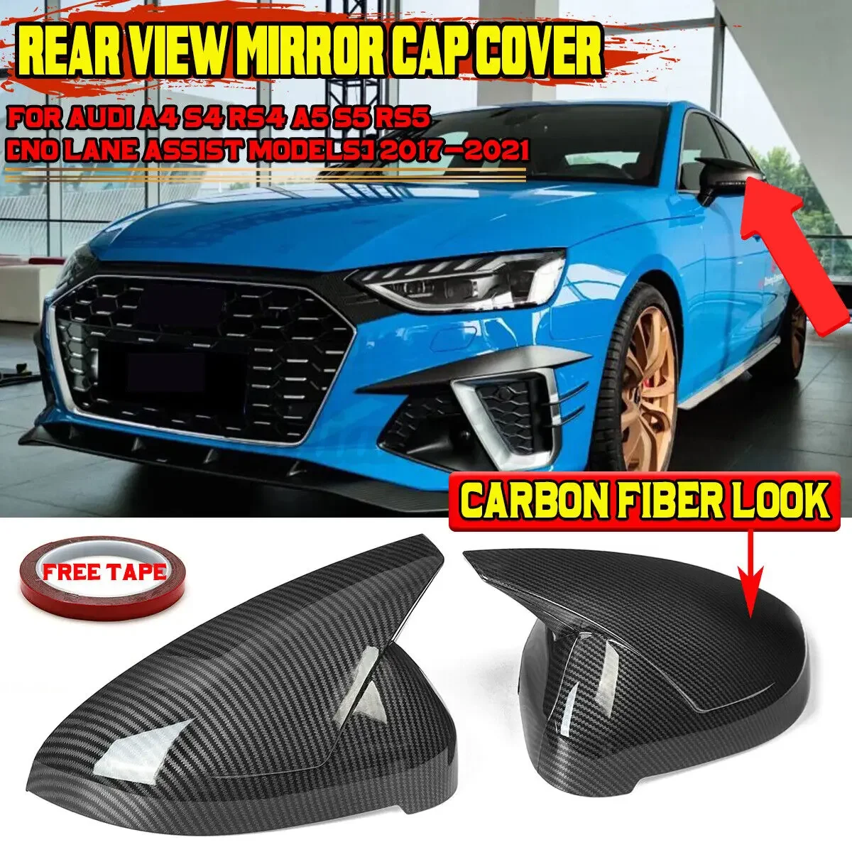 

2PCS Carbon Fibre Car Side Mirror Cover Caps For Audi A4 A5 S4 S5 B9 2017-2021 Add On Rear View Mirror Cover NO Lane Assist