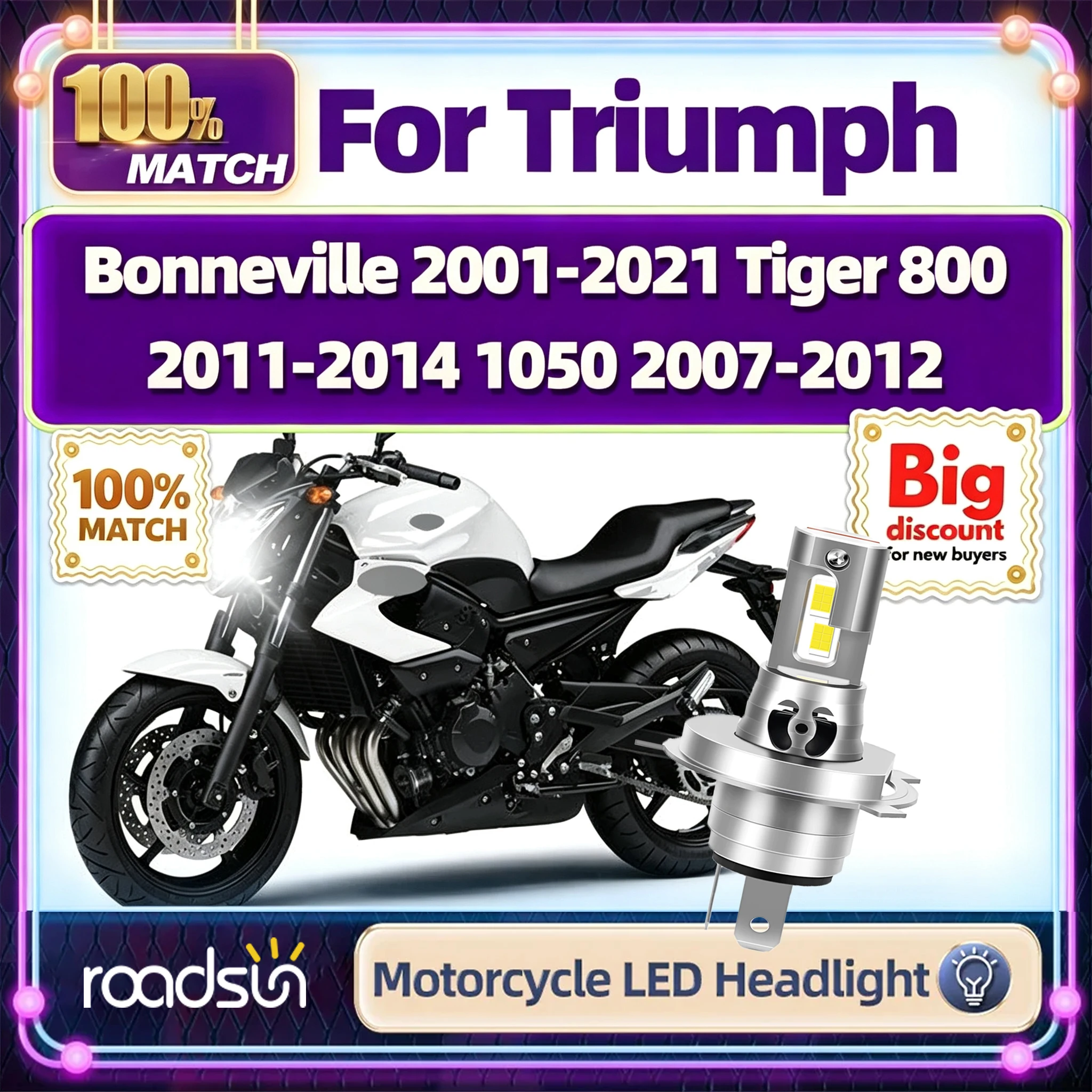 Roadsun For Triumph Bonneville 2001-2021 Tiger 800 2011-2014 1050 2007-2012 Motorcycle LED Headlight Bulb Moto Headlamp Ampoules