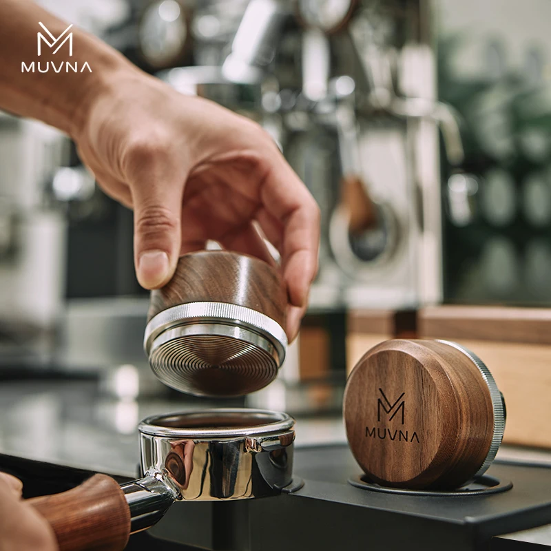 

MUVNA Espersso Wood Tamper, Stainless Steel Base and Walnut Series Handle, Height-adjustable Coffee distributor, 51/53/58mm