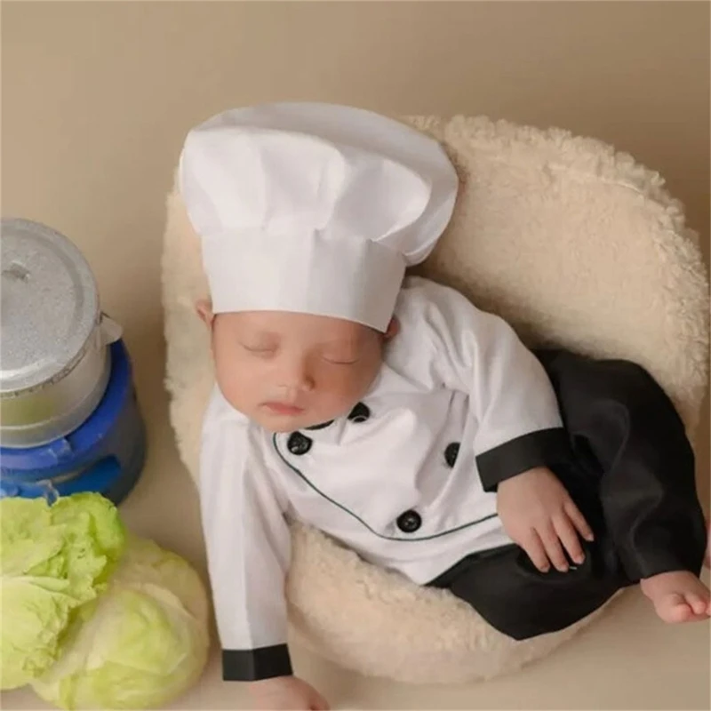 Newborn Cook Costume Hat Tops Pants Photo Shooting Clothes Photo Props 0-2Month Baby Photo Clothing for Boys Girls 3pcs