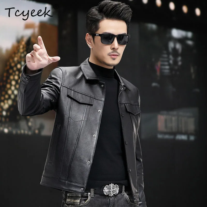 Tcyeek Top Layer Cowhide Real Leather Jacket Men Clothing Spring Autumn Male Leather Coats Black Fashion Jaqueta De Couro 2026