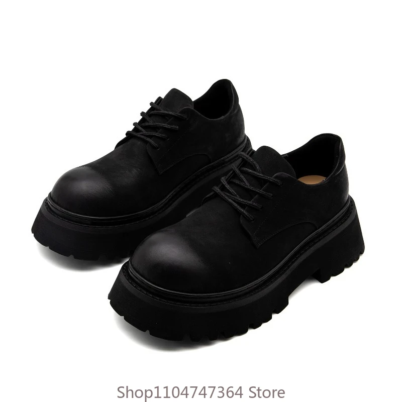 

New Black Design Genuine Leather Casual Lace Up Thick Sole Platform Shoes Men's Height Increasing Cowhide Shoes Male