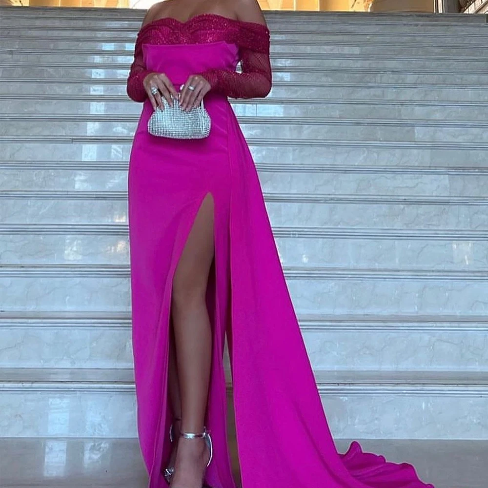 

Temperament Sequined Strapless Floor Length Mermaid Evening Dress Off the Shoulder Long Sleeves Satin Zipper Back فساتين سهرة