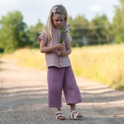 100% Cotton Muslin Girls Wide-Legged Pants 2024 Summer New Children's Casual Elastic Waist Loose Pants Kids Culottes TZ430