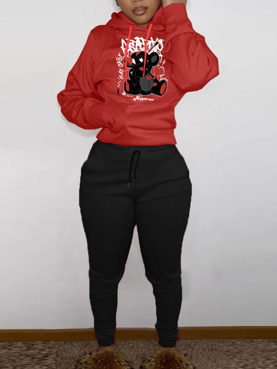 LW Cartoon Letter Print Kangaroo Pocket Tracksuit Set Long Sleeve Hoodie+Drawstring Trousers Women Two-piece Pants Set S-3XL