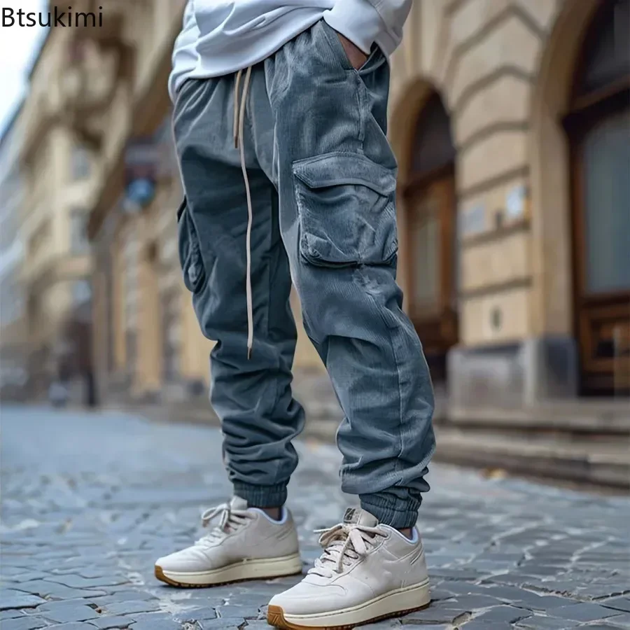 2025 Men's Corduroy Pants Loose Casual Vintage Cargo Pants Multi Pocket Design Men Drawstring Harem Trousers Joggers Sweatpants