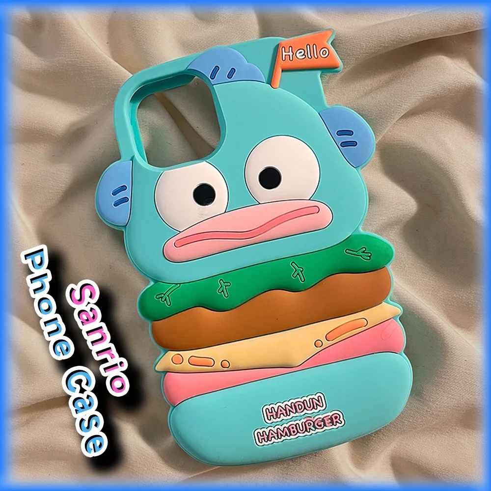 Kawaii Sanrio Hangyodon Hamburger Funny Phone Case, Anime Fashion, 3D Protective Cover for iPhone 11, 12, 13, 14, 15 Pro Max