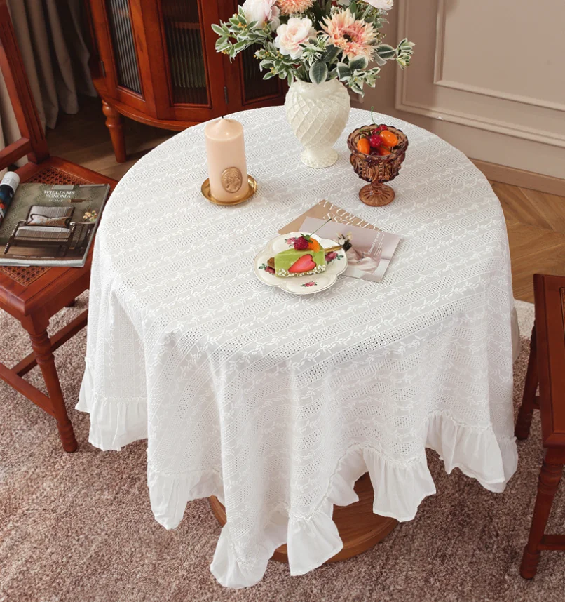 Fresh Style Pure Cotton White Embroidered Floral Ruffled Hem Tablecloth for Coffee Table & Dining Table