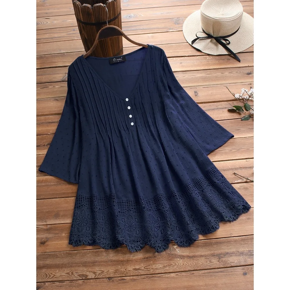 2025 Camicetta di lino in cotone da donna Top Camicia con scollo a V scavata in pizzo moda Donna Retro Manica a 3/4 Top casual larghi Taglie forti