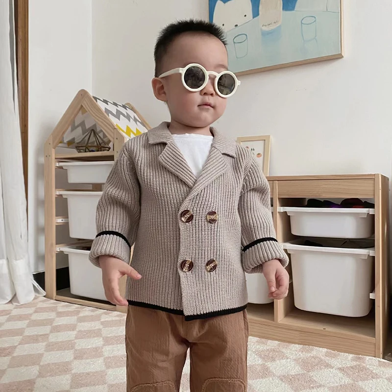 2025 Korean Baby Cardigans Boys Winter Knit Sweaters Coat Kids Double Children Vintage Knitted Cardigans Breasted Sweater Jacket