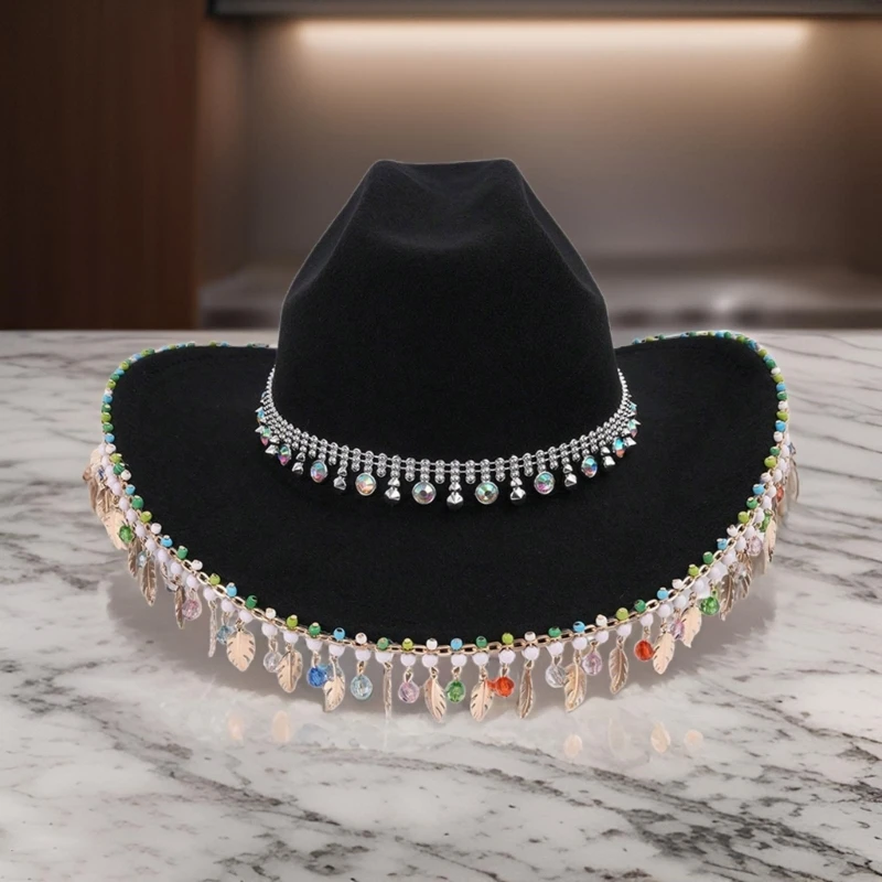 Pearls Cowboy Hat Crystal Tassels Panama Hat for Bachelorette Party Cowgirl Hat Versatile for Club Photo Props