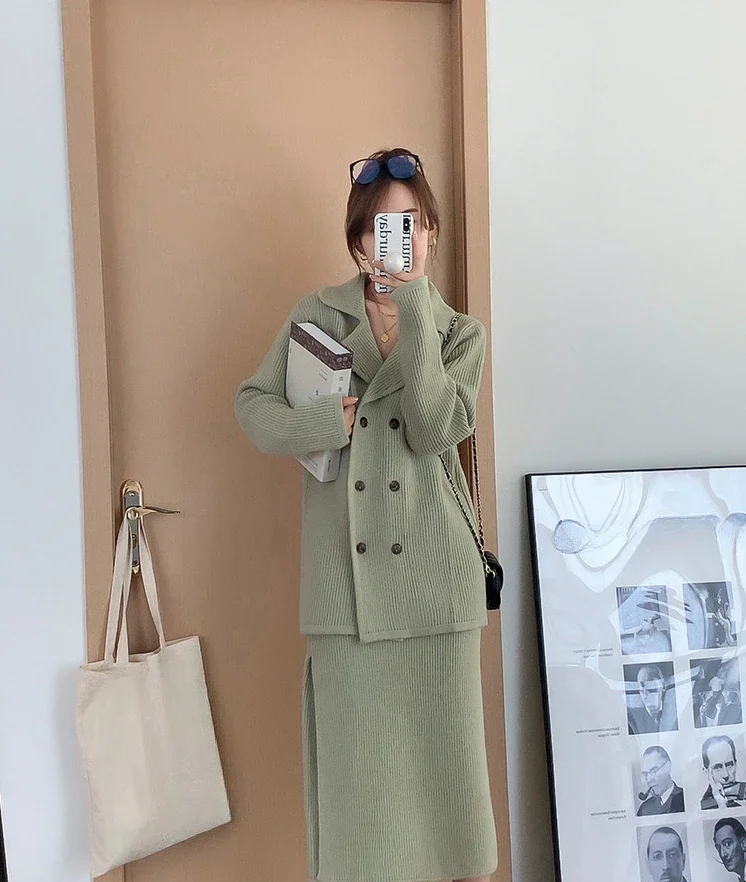 Korean Fashion Two Piece Sets Womens Outifits Autumn Knitted Sweater High Waisted Skirt Sets Cardigan Dress Sets Womens Clothing