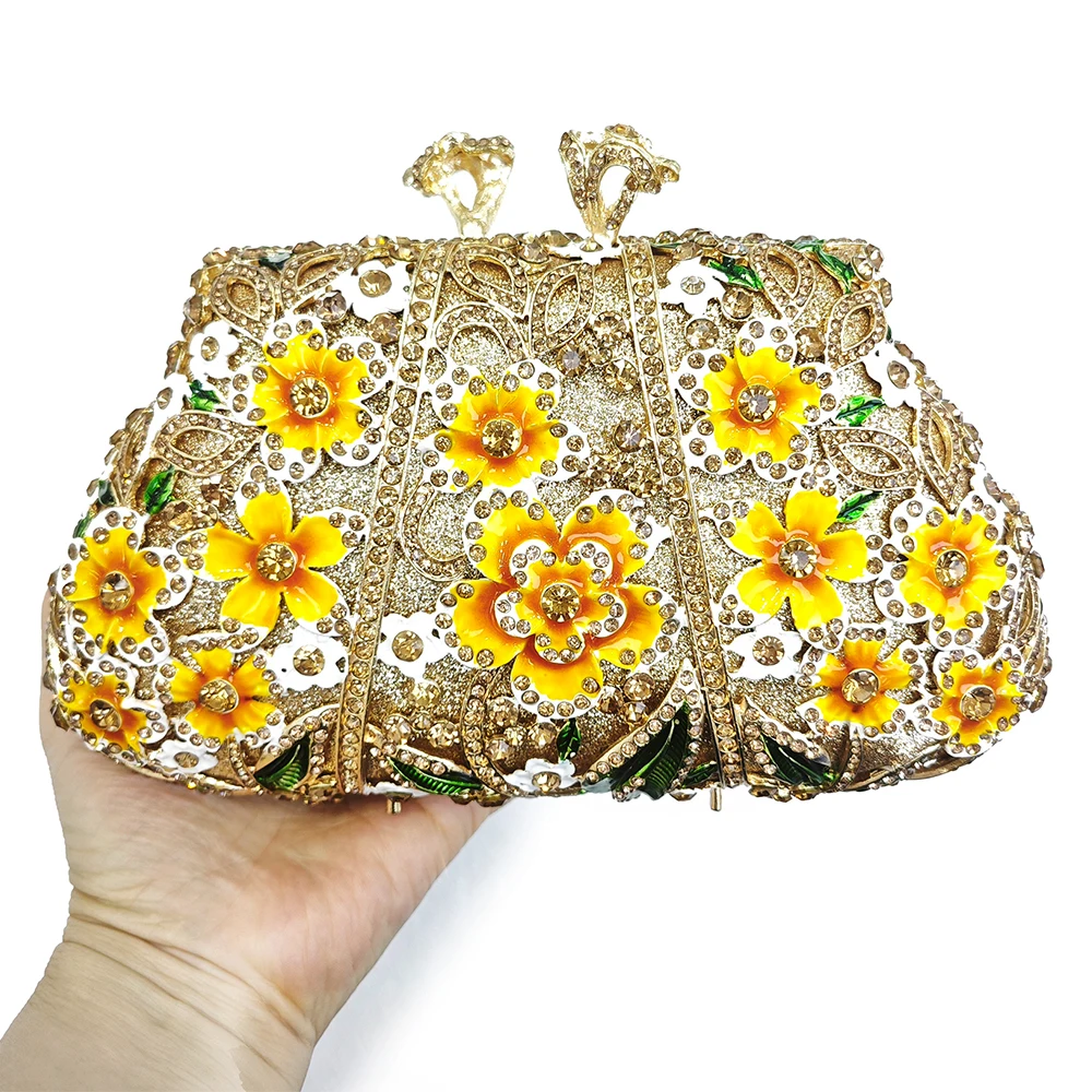 Gold Flower Rhinestones Evening Bag Female Floral Dinner Clutches Luxury Diamond Handbag Crystal Bags Wedding Party Purses