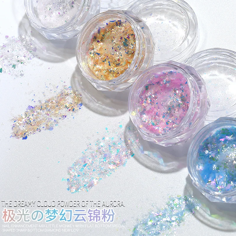 1jar Aurora Ice Crystal Opal Powder Nail Glitter Iridescent Dust Charm Nail Flakes Slice Sparkly Brocade Sequin Nail Decor 0.3G