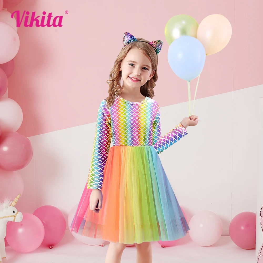 VIKITA Girls Performance Birthday Prom Gown Party Princess Dress Kids Colorful Sequins Shiny Dresses Girls Long Sleeve Dresses