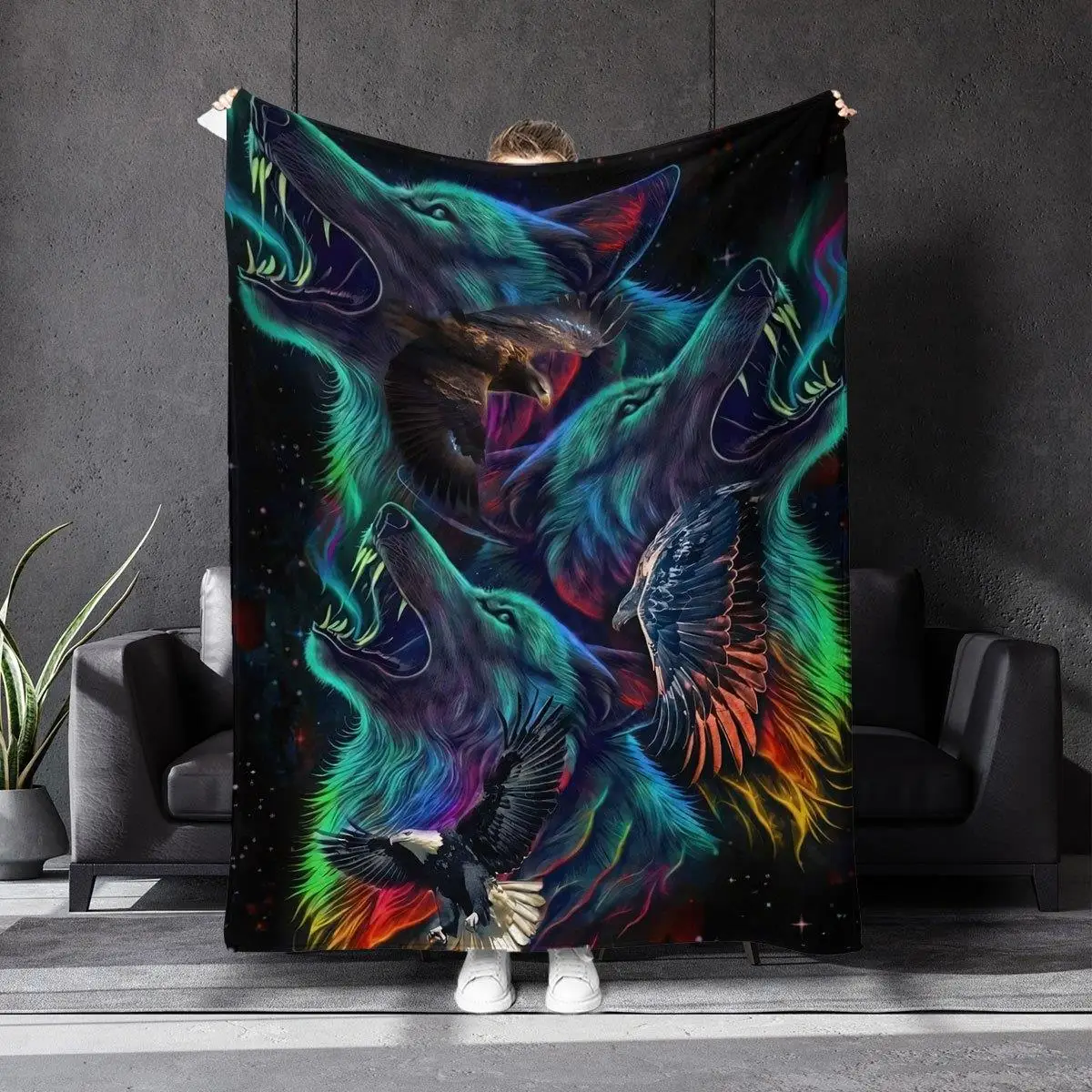 Fantasy Coexistence (Wolf and Eagle) Theme Flannel printed blanket suitable for all seasons for living room office sofa travel