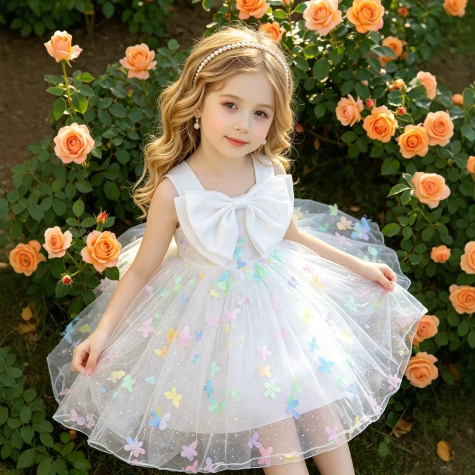 Girls White Big Bow Princess Dress Sleeveless Colorful Floral Tulle Tutu Gown Kids Banquet Birthday Performance Party Dress ZD36