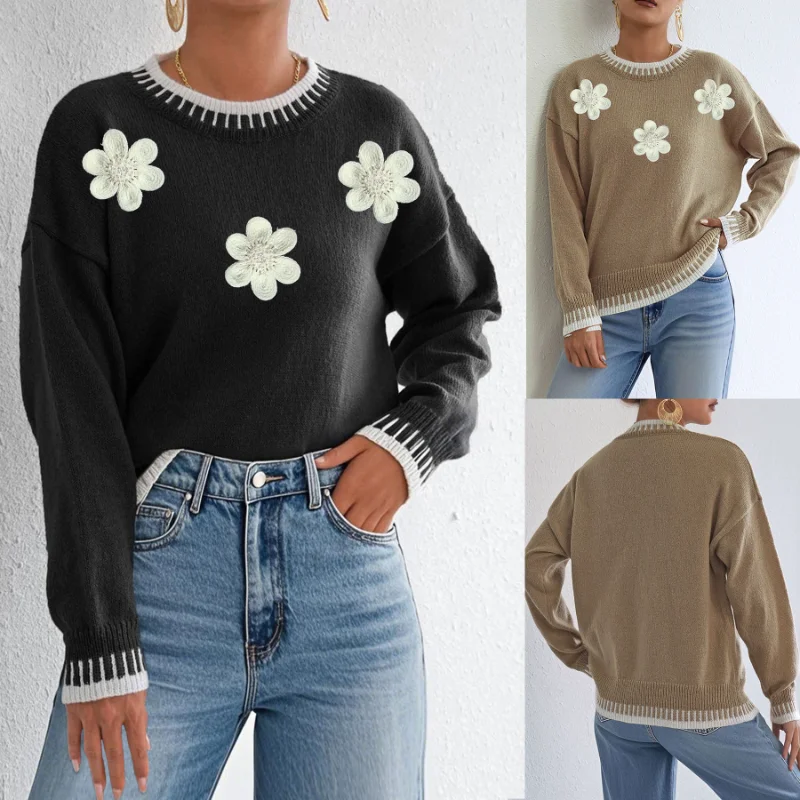 

Contrast Color Splicing Casual Pullover Loose Sweater Three-dimensional Flower Embroidery Beading Women's Top