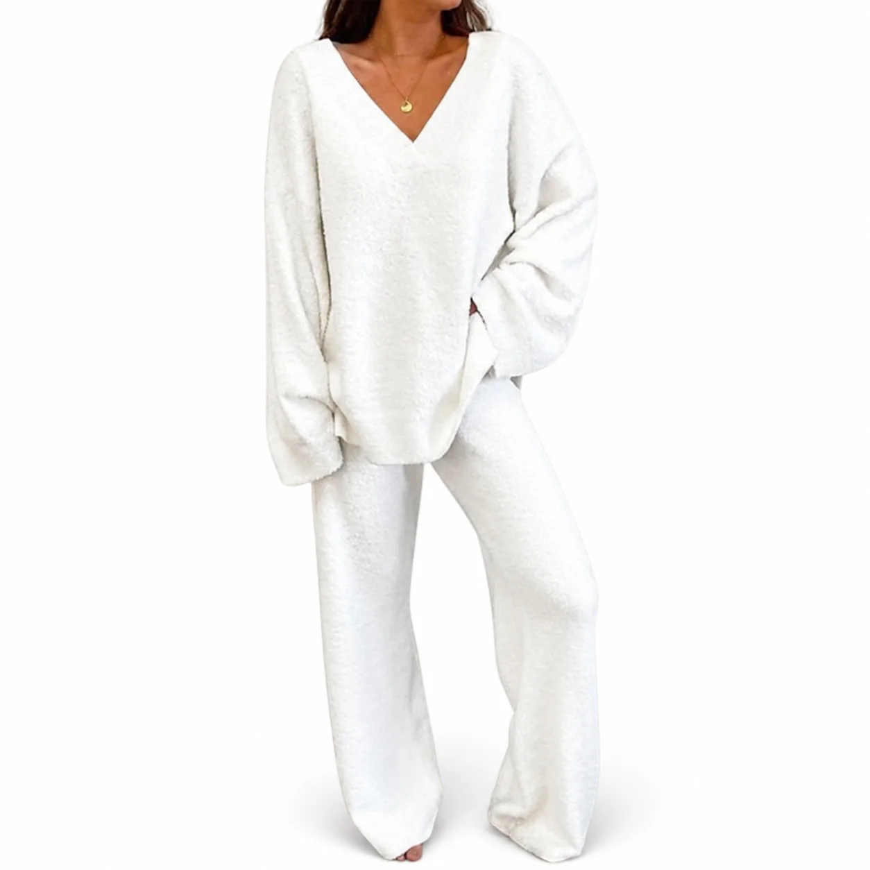 Women's Autumn V Neck Long Sleeve Batwing Loungewear with Pocket Solid Color Casual Winter Cozy Home Relax Wear Two Piece Set